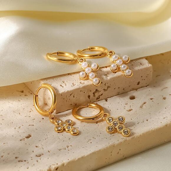 Pearl Cross Dangle Hoop Earrings 18K Gold‎ Plated Stainless Steel - Picture 5 of 7